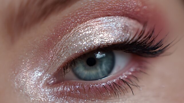 Close up of a blue eye with shimmery eyeshadow and long eyelashes showcasing a glamorous makeup look with pink and silver tones soft lighting and detailed texture