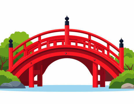 Red arched Japanese bridge (Shinkyo style) illustration. Traditional garden architecture and scenic landmark. Flat vector landscape element.