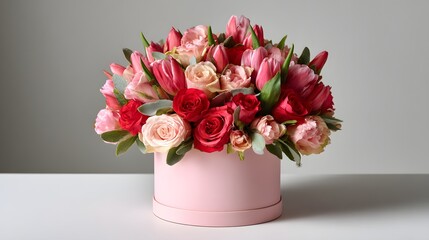 Fototapeta premium Colorful bouquet is placed in a round blush box featuring tulips and roses in various shades