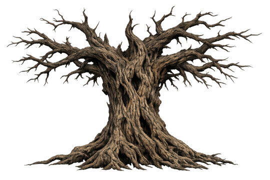 Ancient gnarled spooky tree with twisted branches and roots, isolated dead leafless wood on transparent background