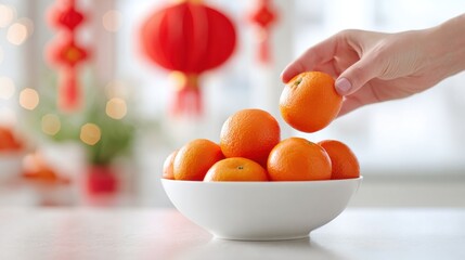 Hand selecting a mandarin from a white bowl filled with fresh oranges, with festive red lanterns and soft bokeh lights in the background