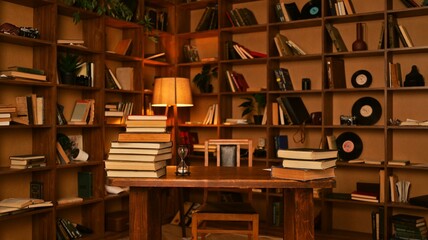 Cozy library corner with wooden bookshelves filled with books and vintage vinyl records © shine.graphics