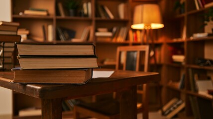 Cozy library interior with stacked books on a wooden table and warm lamp light