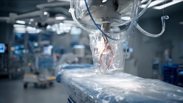 Medium shot of an angiography Carm positioned over a sterile procedure table the vascular access site in sharp focus while the background remains blurred.