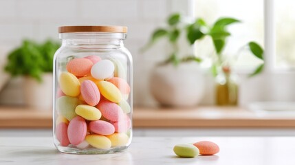 Probiotic gummy treats in a clear glass jar with a wooden lid, colorful candies displayed on a kitchen countertop with greenery in the background
