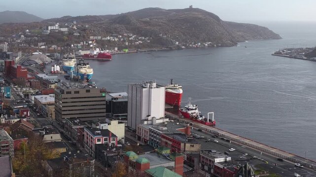 Aerial view of St John's Newfoundland Canada in November overlooking the water