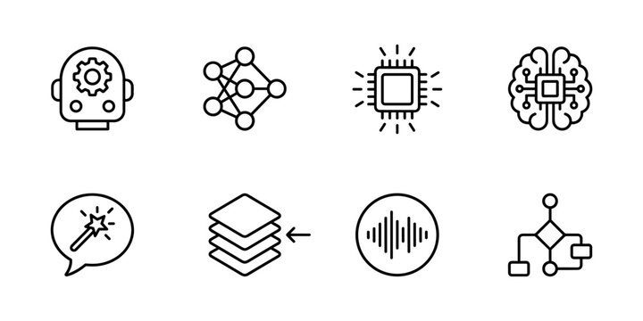 Artificial intelligence line icons set, neural network, microchip, brain circuit, machine learning