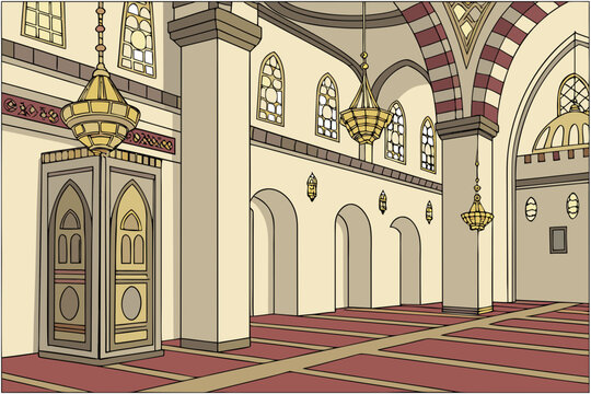 Grand Mosque Interior with Ornate Islamic Architecture Illustration.