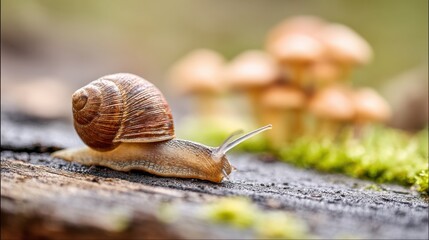 Small brown garden snail crawling on wet wood surface with green moss and blurred mushrooms in the background, showcasing natural habitat details