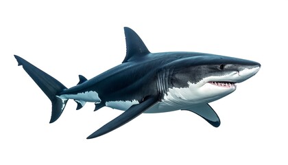 Fototapeta premium Side profile of a great white shark, showing teeth and fins, isolated on white
