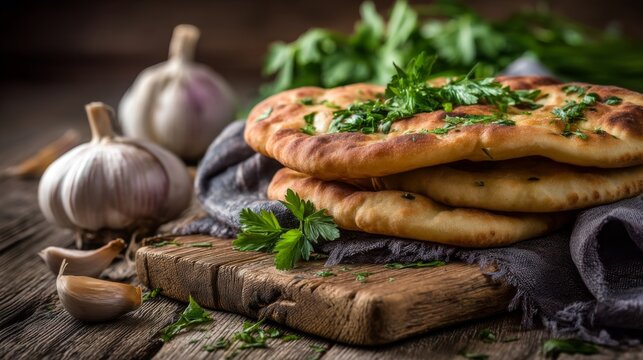 Freshly Baked Garlic Naan Bread Garnished with Parsley on Rustic Wooden Background with Whole Garlic Cloves and Fresh Green Herbs