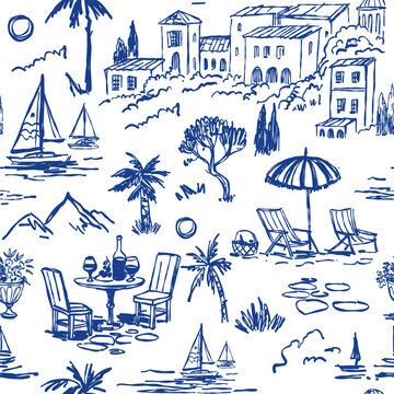 Summer holiday, vacation, sketch, sea, seamless pattern, vector illustration, Italy, southern houses, palm trees, beach, yachts