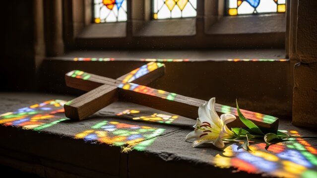 Symbol of faith and resurrection represented by a crucifix and a flower.