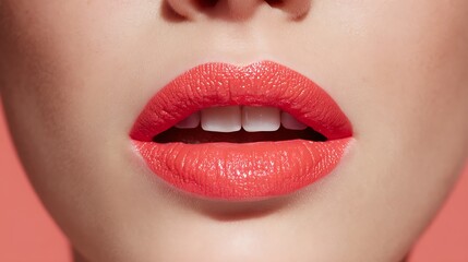 Fototapeta premium Close up of woman's lips with shiny pink lipstick on a matching coral background perfect for beauty and cosmetics advertising