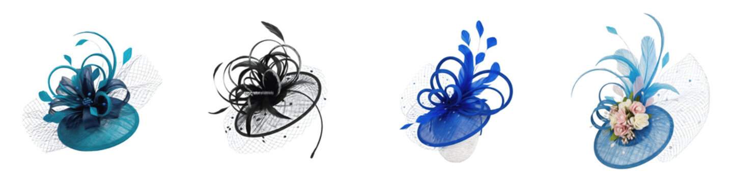 Elegant Fascinator Hat Collection Featuring Sophisticated Floral and Mesh Designs in Teal, Black, and Blue Isolated on White Background PNG Mockup for Formal Occasions