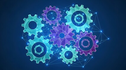 Colorful polygon gears interconnected by a web of lines against a dark blue background