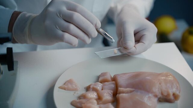 Close-up of a laboratory technician preparing a chicken meat sample for microscopic examination. Process of analyzing food products for bacteria and quality standards in a scientific environment