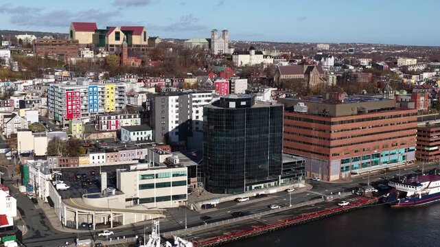 Aerial view of St John's Newfoundland Canada in November overlooking the water