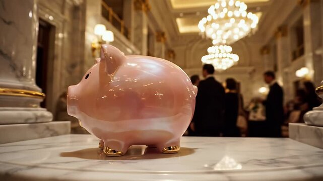 A pink ceramic piggy bank sits on a polished marble surface in a grand, ornate hall with chandeliers and formally dressed people in the background.