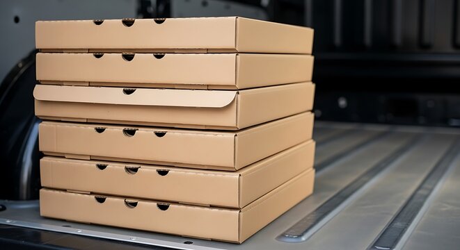 Stack of Pizza Boxes in Vehicle Trunk.