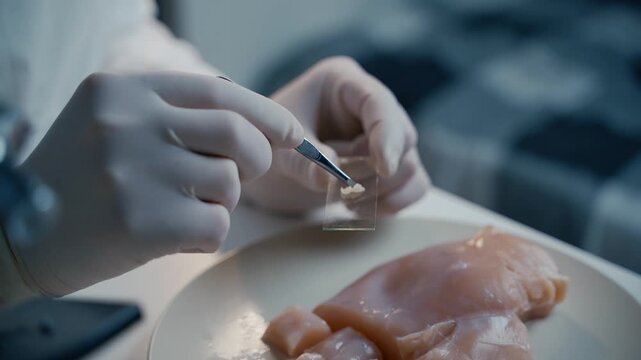 A researcher takes a small piece of meat and places it under a microscope to study its structure. Advanced food science technology and microbiological analysis for the modern food industry