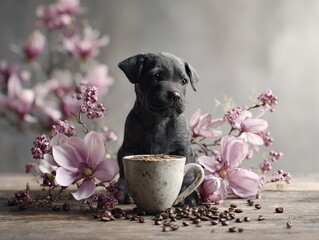 Black puppy sitting beside a coffee cup surrounded by flowers  
