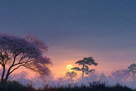 A painting of a sunset with trees in the fore