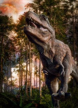 Jurrasic scene - Trex dinosaur and forest fire, 3D illustration. made in Blender
