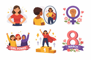 International Women&rsquo;s Day women confidence self-esteem icon set