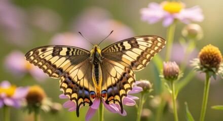 Naklejka premium Yellow and Black Butterfly with Open Wings on Purple Flower in Sunlight
