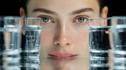 Young woman's face seen through multiple clear glasses filled with water, reflecting her features and creating a unique visual effect in a minimalist setting