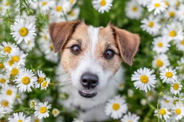 Medium-sized dog peeking through a field of white daisies with yellow centers, showcasing its playful expression and surrounded by vibrant green foliage