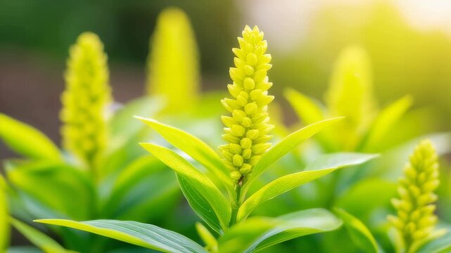 A vibrant lime-green flower spike with unbloomed buds in a sunny garden. Close-up of a fresh plant growing in the spring with golden sunlight