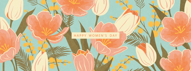 Fototapeta premium Decorative horizontal backdrop with tulips and yellow mimosa in grainy retro style for International Women's Day spring holiday, vector illustration