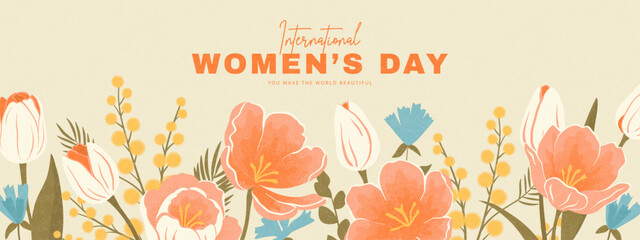 Obraz premium Horizontal banner in retro grain texture style featuring spring flowers like tulips and mimosa for International Women's Day holiday background, vector illustration