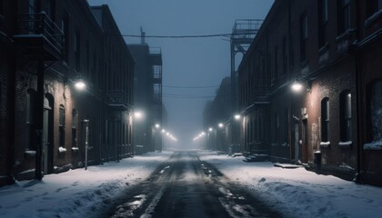 Empty snowy industrial alley