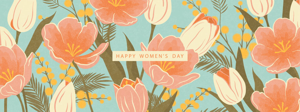 Decorative horizontal backdrop with tulips and yellow mimosa in grainy retro style for International Women's Day spring holiday, vector illustration