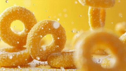 Sugary cereal rings falling in super slow motion. A dynamic macro shot of a sweet breakfast snack on a vibrant yellow background