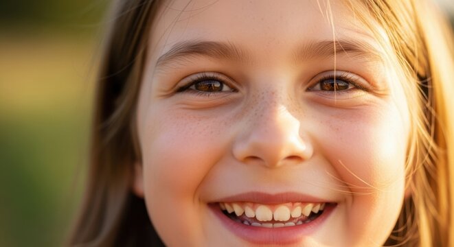 Close-up of a smiling young girl with brown eyes and warm natural light