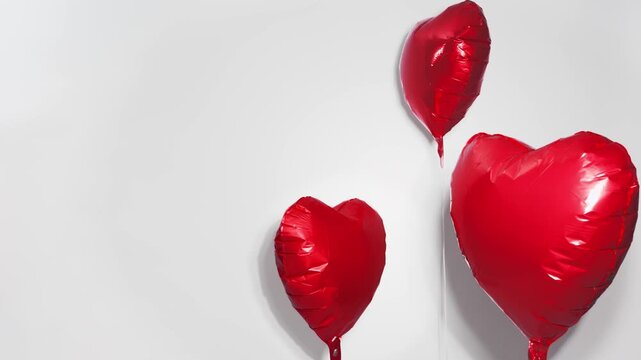 Three red foil heart balloons float and gently rotate against a white wall, swaying slightly in slow motion, Valentines Day, video background