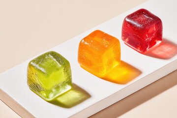 Colorful gummy candy cubes in green, orange, and red arranged on a white rectangular plate against a soft beige background, showcasing vibrant textures and reflections