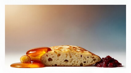 Cross section of fluffy pancake with honey syrup and berry jam isolated on white background for food advertising
