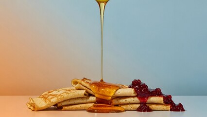 Stack of rolled pancakes with flowing honey and berry jam on pastel background for dessert and breakfast promotion
