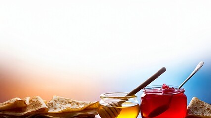 Pancakes with honey and red jam in glass jars on bright gradient background with copy space for food design
