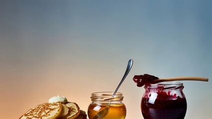 Pancakes with honey jar and berry jam on soft gradient background creating cozy breakfast still life composition
