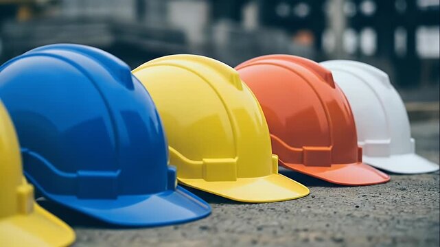 A row of colorful safety hard hats on a construction site, symbolizing workplace safety and protection.