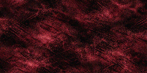 A dark vintage backdrop featuring a grungy red leather and fabric texture with an old paint pattern on a dirty metal surface for a textured horror wallpaper design © Md