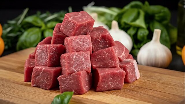 Pile of fresh raw beef cubes on a wooden cutting board with herbs and garlic in the background.