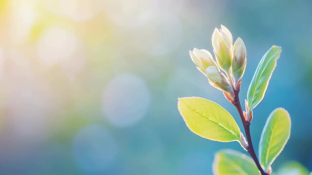 A close-up time-lapse of a plant branch with buds blooming into white flowers. Green leaves and blossoms in natural sunlight with bokeh. Spring growth and renewal concept