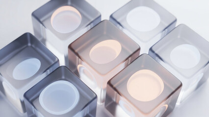 A close-up view of several glass candle holders with lit candles inside on a white surface